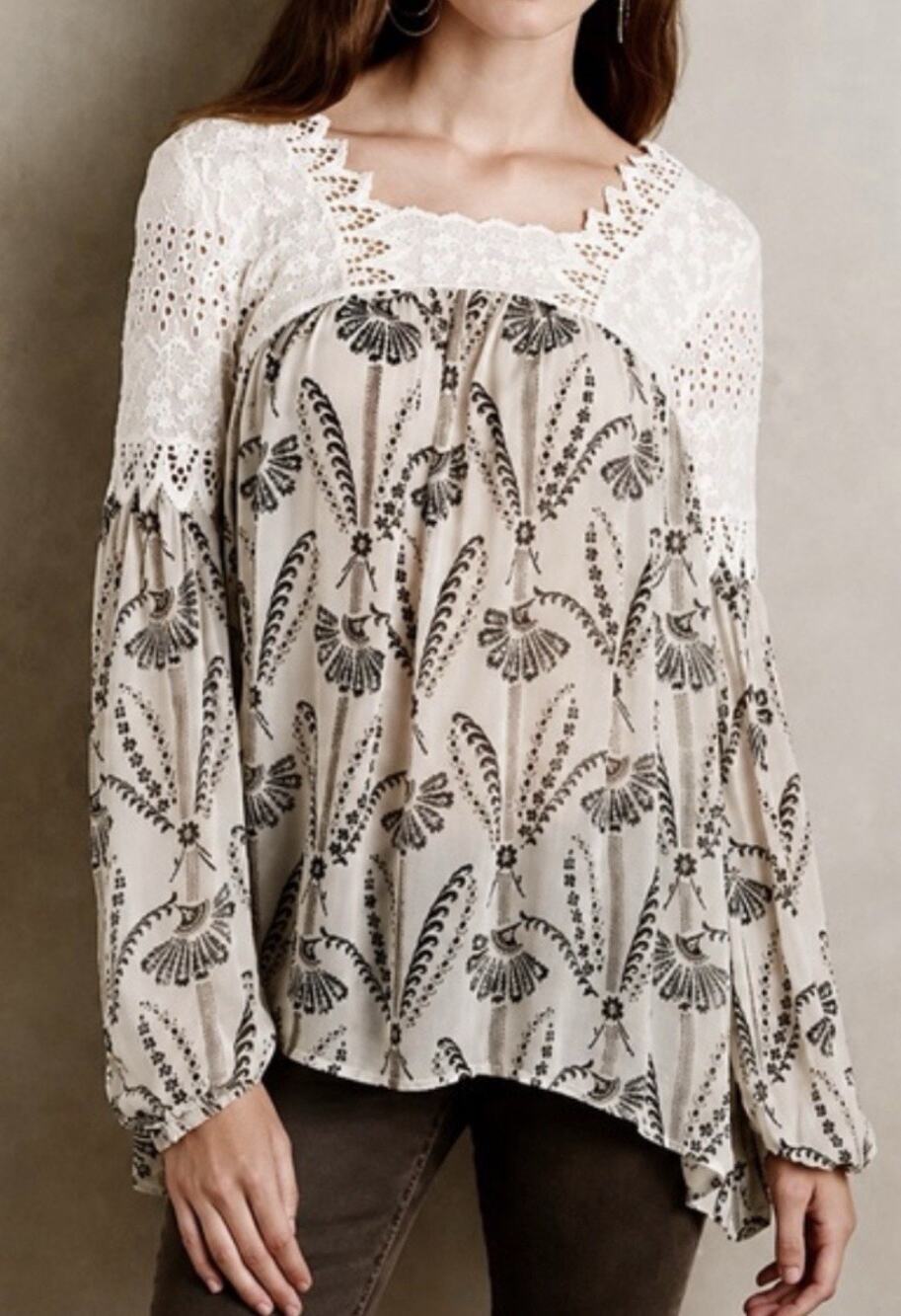 Anthropologie Top Womens 8 Floreat Cantana Lace Romantic Beige Peasant Blouse